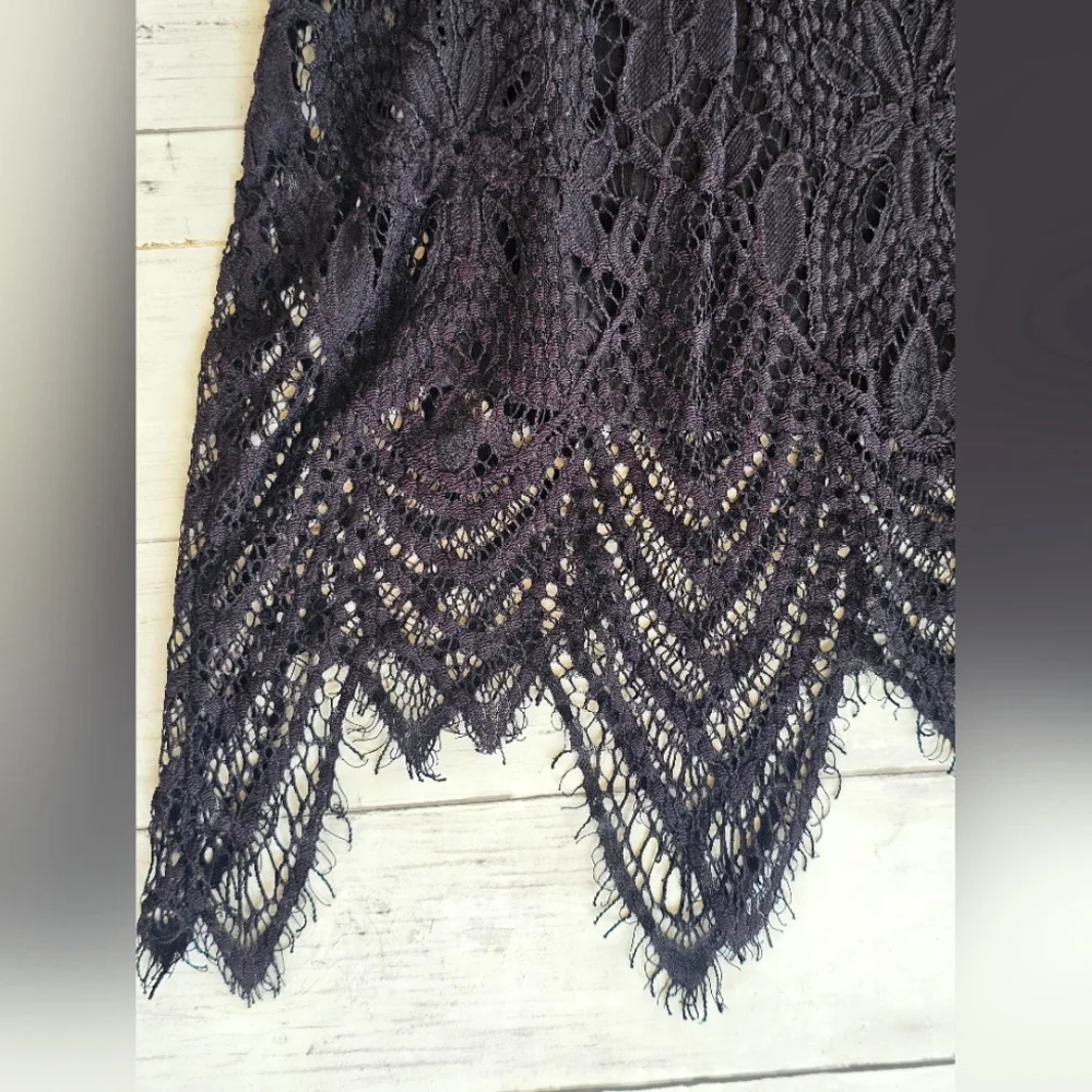Love Fire Black Soft Lace Tank Dress Mock Neck Asymmetrical Lace Crochet - Picture 4 of 10